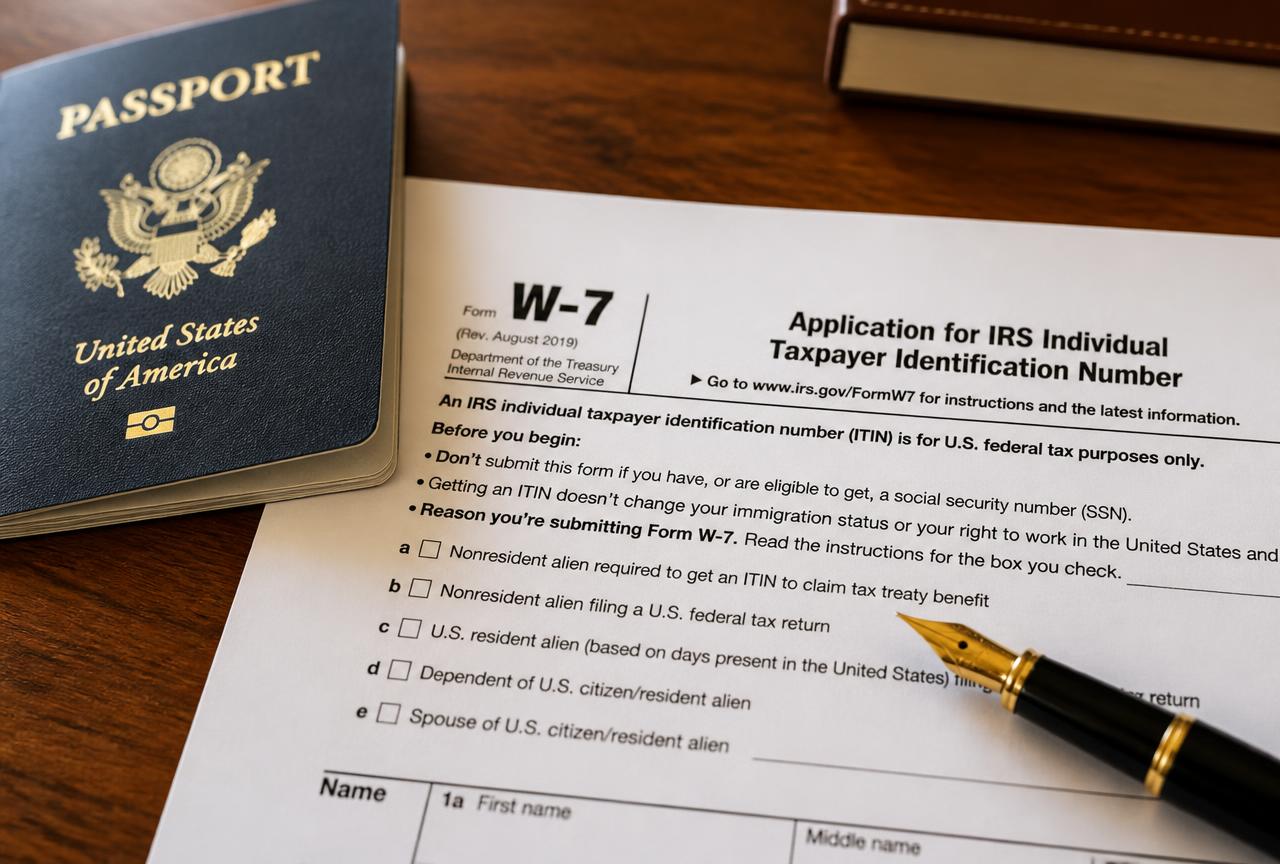 IRS Form W-7 ITIN application beside a passport on a desk
