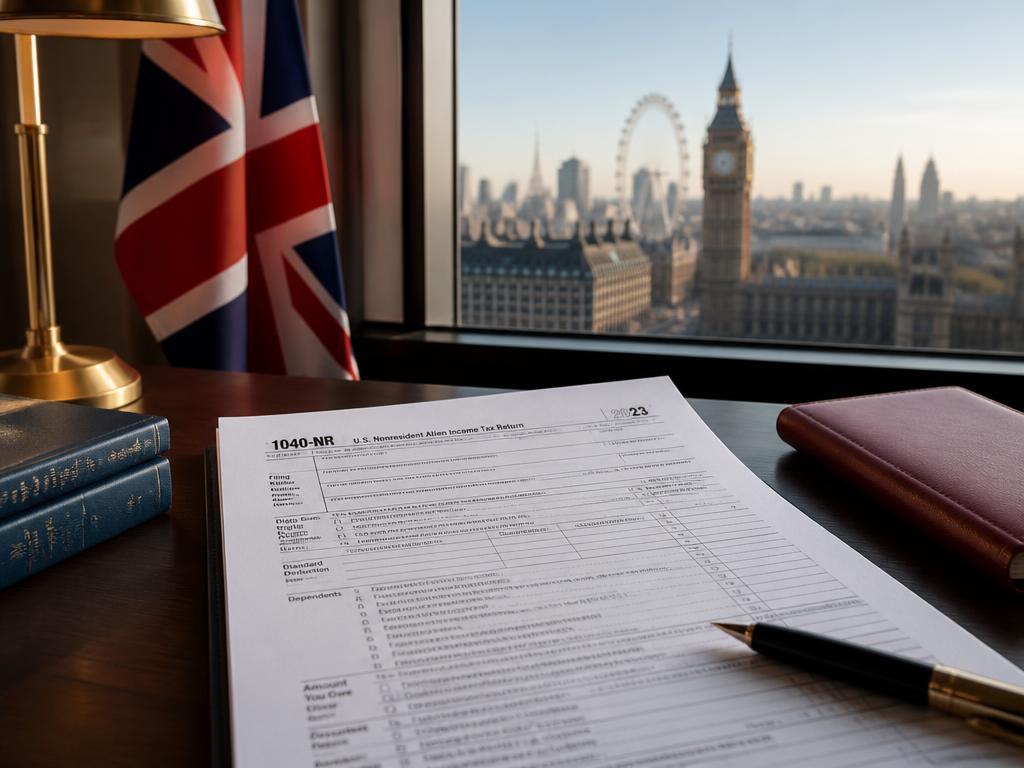 US Form 1040-NR on a London desk with a Union Jack and the London skyline
