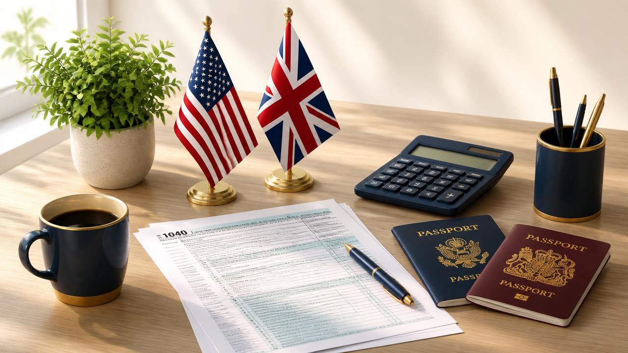 A friendly London tax desk with US and UK flags, passports, Form 1040, calculator and coffee