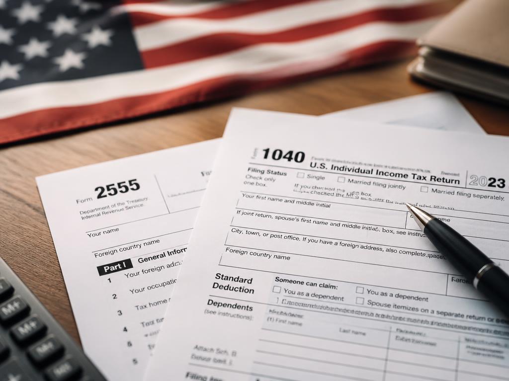 US Form 1040 and Form 2555 with an American flag behind them
